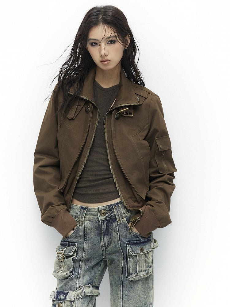 Khaki - Neck Cinching Jacket Vintage Mock Waist