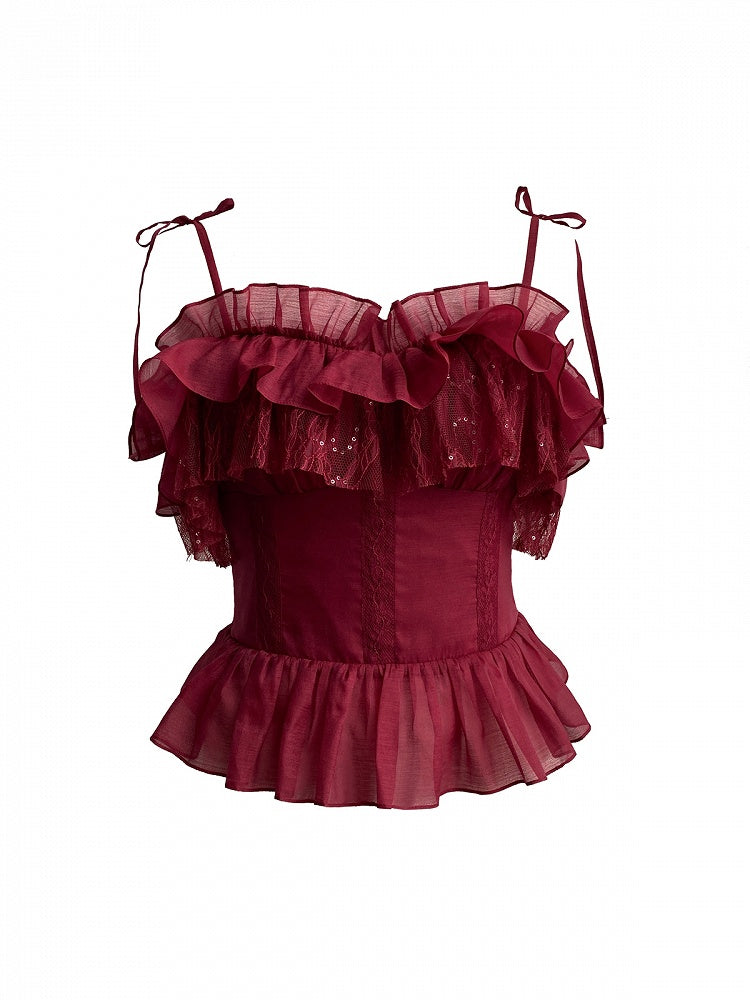 Elastic Red Off-the-shoulder Neckline Ruffle Top