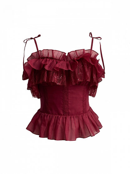 Elastic Red Off-the-shoulder Neckline Ruffle Top