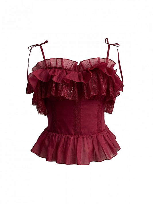 Elastic Red Off-the-shoulder Neckline Ruffle Top