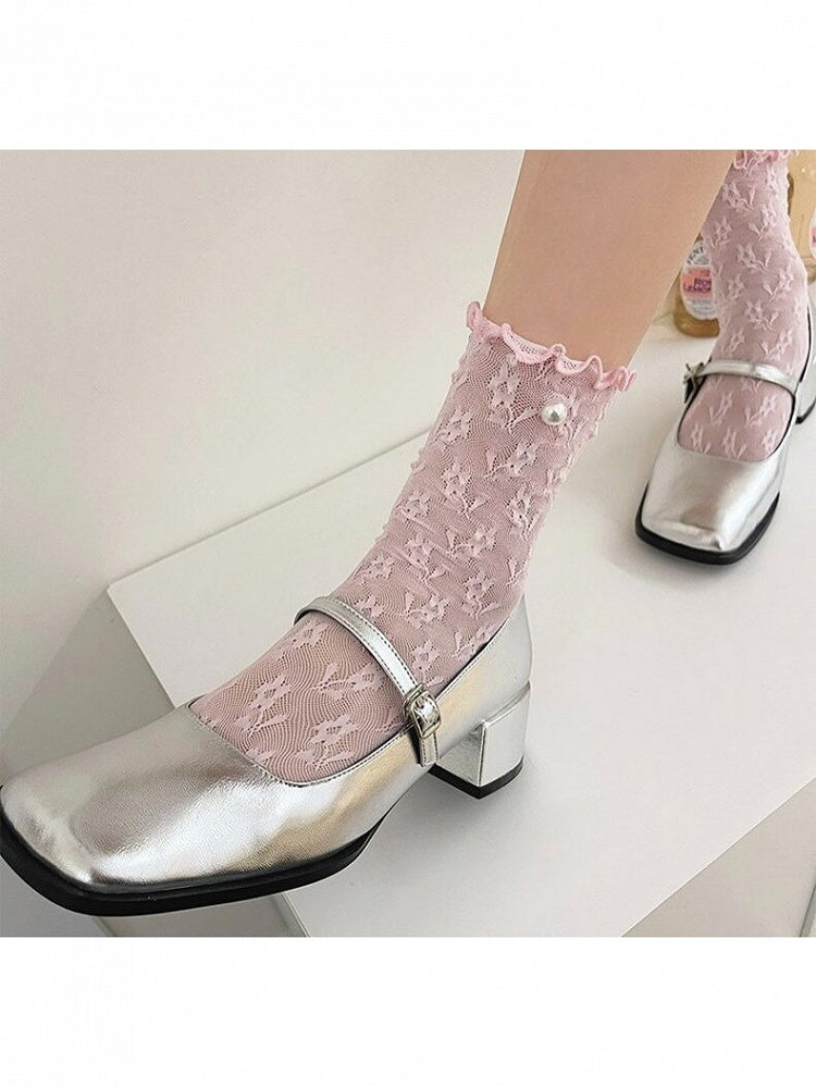Pearl Ruffle Lace Socks Trim Floral Ballet Short Style