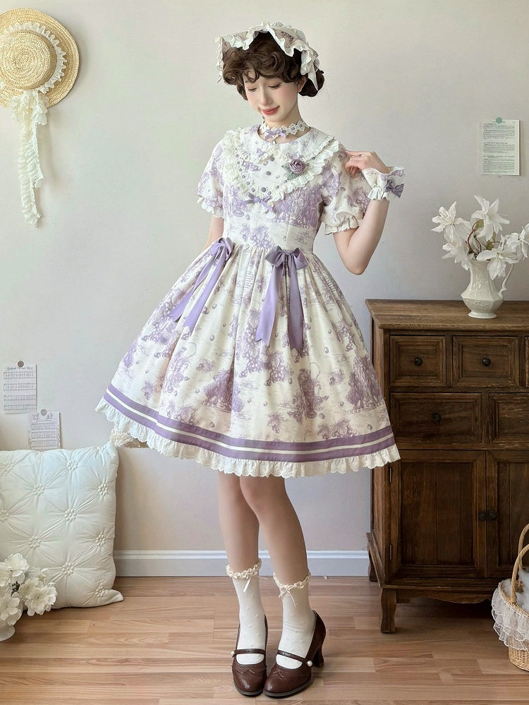Lolita Print Lila Kurzes Kleid mit Peter-Ärmeln und Traubenkragen