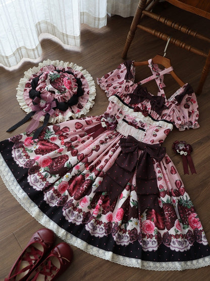 Pink Square Neck Puff Sleeve Strawberry Lolita OP