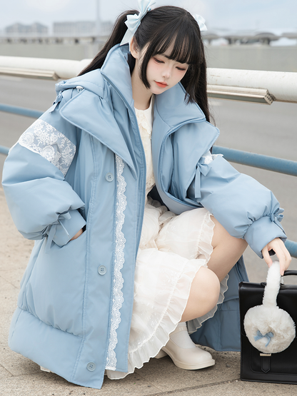 Accents Padded Bow Jacket with Blue Hooded Lace-Trimmed