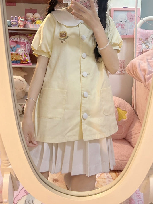 Hellgelbes Teddy-Top mit Peter-Pan-Kragen und Puffärmeln