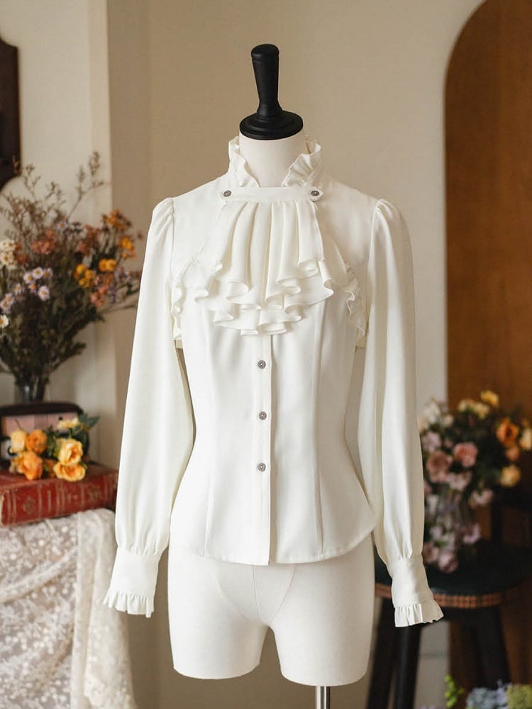 Elegantes Langarmhemd mit weißem Rüschenkragen und abnehmbarer Schleife/Jabot-Krawatte