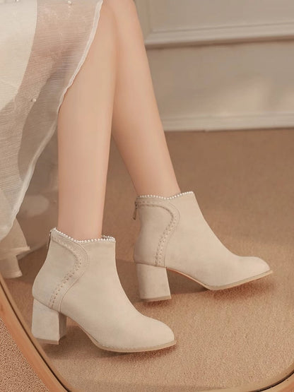 - High Version Beaded Heel Thicken Elegant Closures with Regular Cuff Beige Block Zip Boots Back /