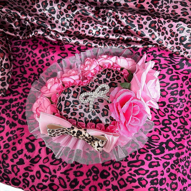 Pink/Rose Showa Ornate in Print Gyaru Hat | Rose Red Leopard Heart Style