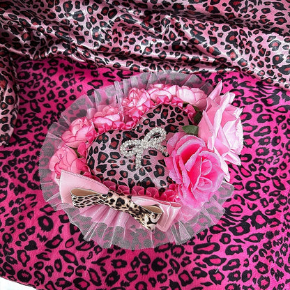 Pink/Rose Showa Ornate in Print Gyaru Hat | Rose Red Leopard Heart Style