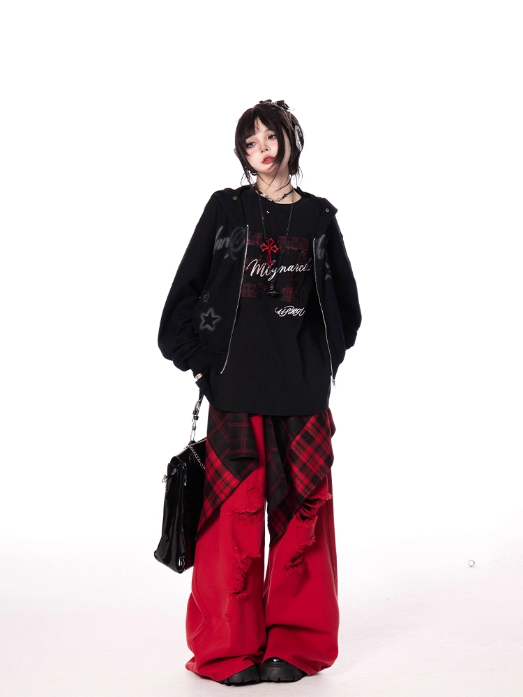 Letter and Print T-shirt Oversize Number Black Round Neck