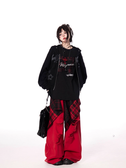 Letter and Print T-shirt Oversize Number Black Round Neck