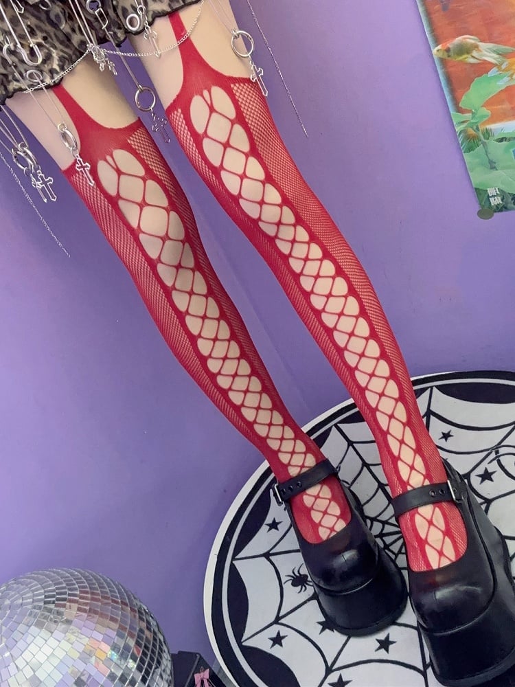 Cut-out Rock Schwarz/Rot/Weiß Strapsstrümpfe Punk Design