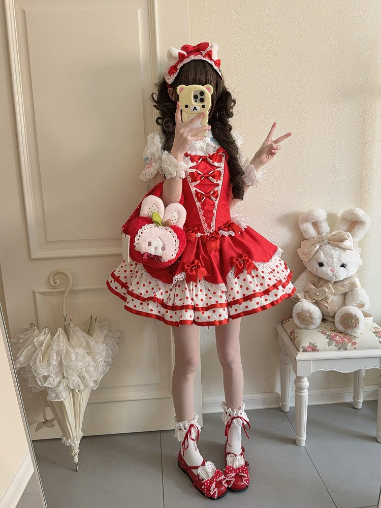 Lolita Fluffy Basque Dress Sweet Bow White Polka-dot with Pattern and Waist Red Accents
