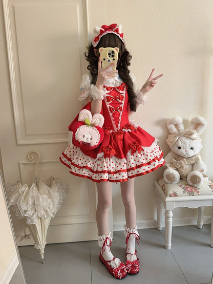 Lolita Fluffy Basque Dress Sweet Bow White Polka-dot with Pattern and Waist Red Accents