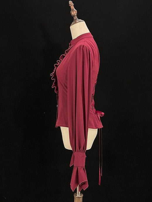 Jabot Tie and Ruffled Red Blouse Placket Long-sleeved Lolita with
