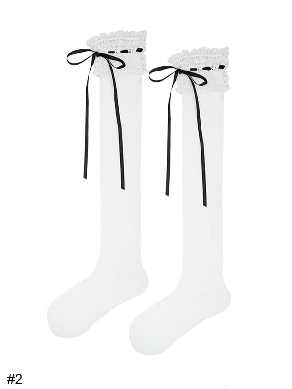 Lace Trim Overknee Stockings with Bowknot Details in 4 Options - ModaSwings