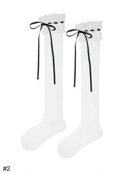 Lace Trim Overknee Stockings with Bowknot Details in 4 Options - ModaSwings