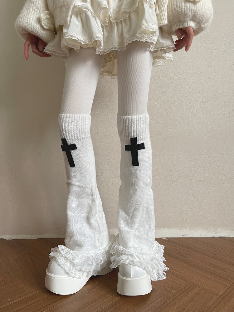 Knitted Lace Trim Leg Gothic Cross Flared Decoration Warmerswith White