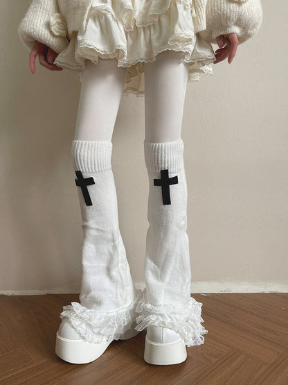 Knitted Lace Trim Leg Gothic Cross Flared Decoration Warmerswith White