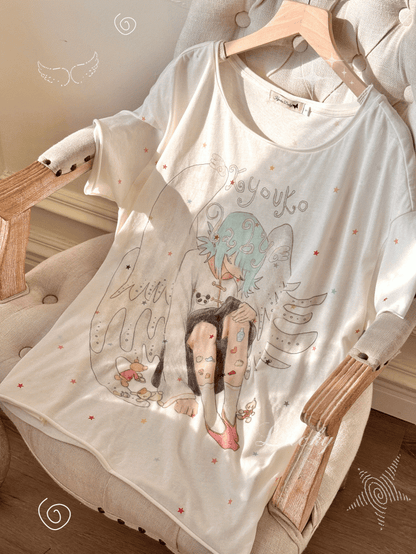Cartoon Round Neck T-shirt Angel Print Apricot