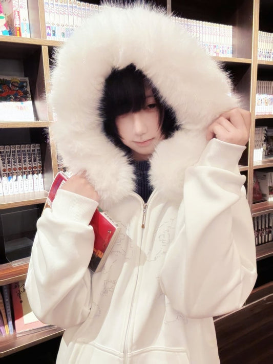 Zip Dolphin-Print White Landmine Hoodie Style Fur-Collar