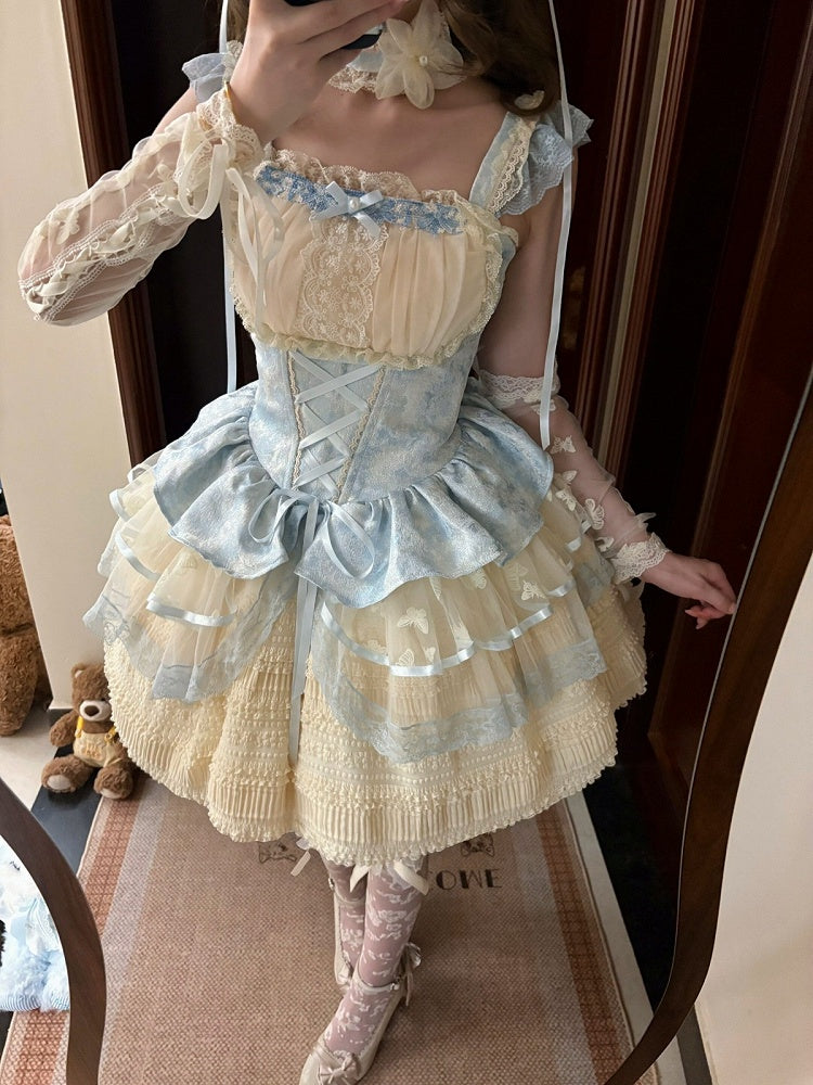 Sweet Blue & Beige Lace-Up Lolita JSK Dress with Lace Trim - Flying ear rabbit