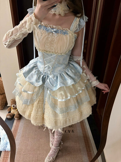Sweet Blue & Beige Lace-Up Lolita JSK Dress with Lace Trim - Flying ear rabbit