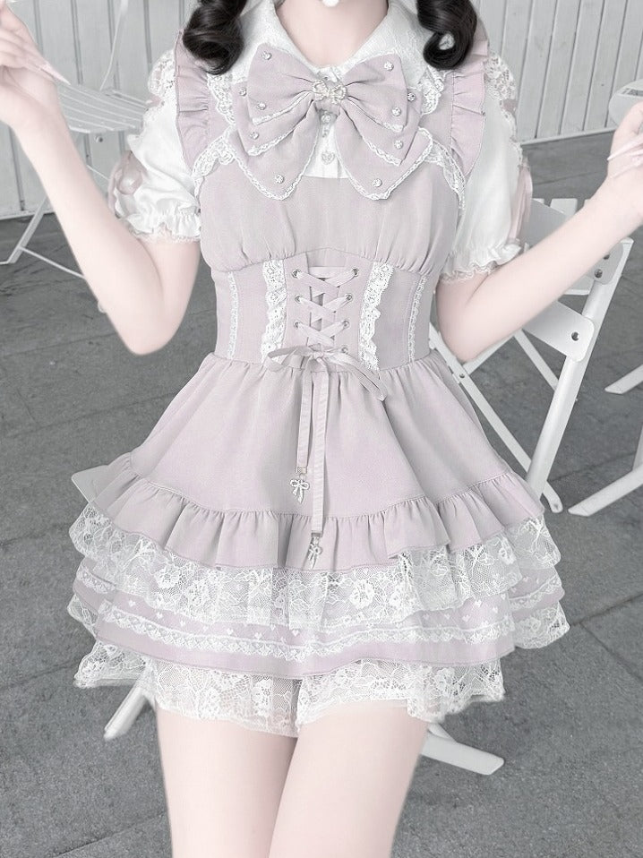 Pink and White Ryousangata Two-Piece Set with Lace and Ruffle - GingaU
