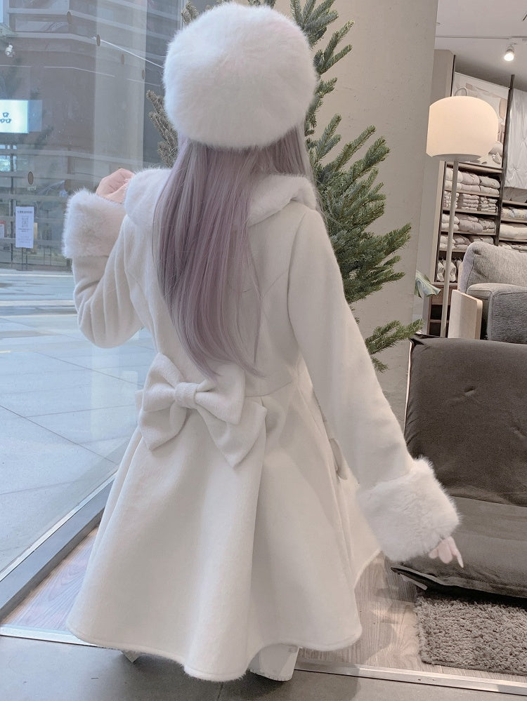 Bowknot Jirai Beige Kei Details Kragen und verzierte Plüschmanschetten Mantel Perlen