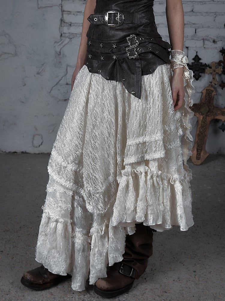 PU Lace Tiered Corset Hem Asymmetrical Convertible Dress/Skirt: Brown with White Strapless 2-in-1 Studded