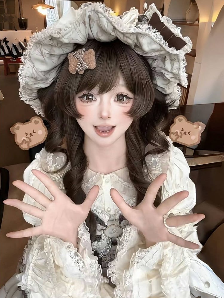 Brown Cut 60CM Hime Full Bangs with Light Curly Wig