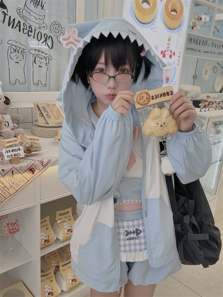 ジャケット シャークデザイン フード ブルー＆ホワイト カラーブロックデザイン ウィンドブレーカー