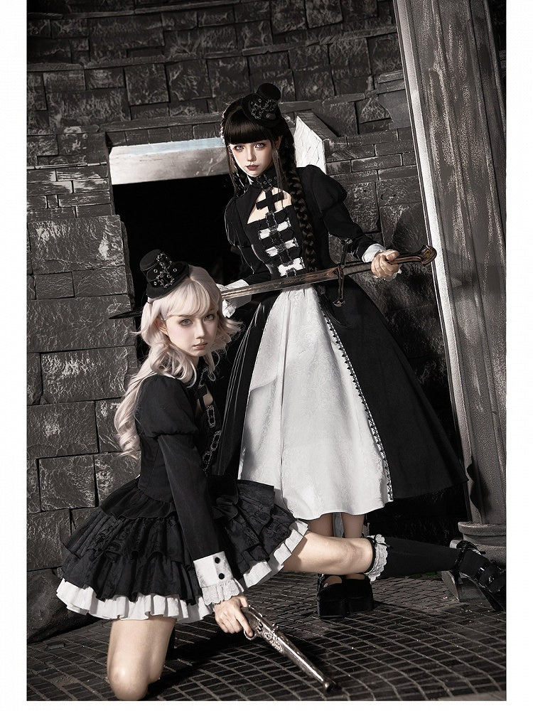Gothic Lace-Up Lolita OP Gown with Metal Buckle, Short Version and Mini Hat Set - With PUJI