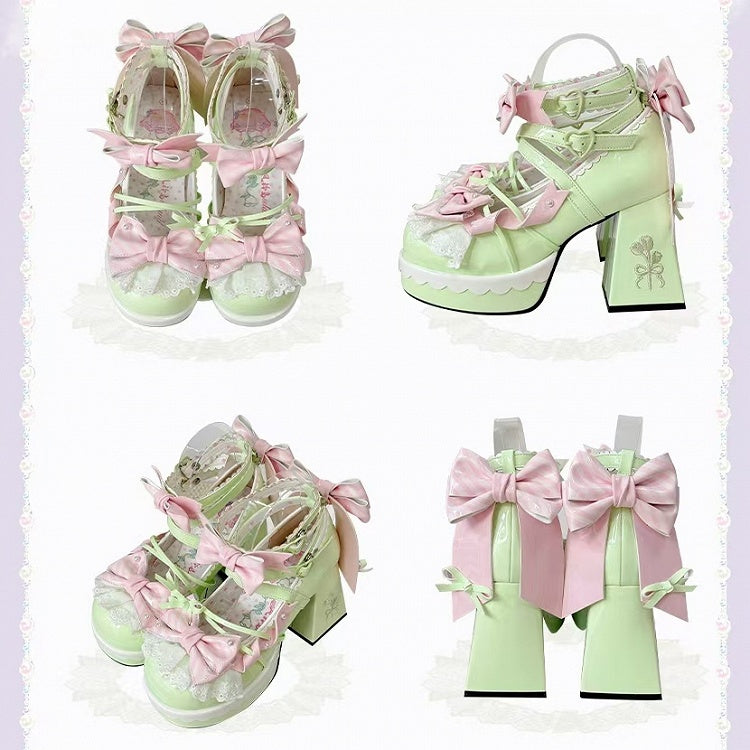 Bows with Striped Janes Lolita Heel Green Crisscross 8cm High Mary Light Block Design