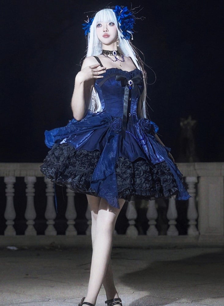 Dress Boned Bouquet Strapless Hem Black Gothic Rose Lolita with Blue