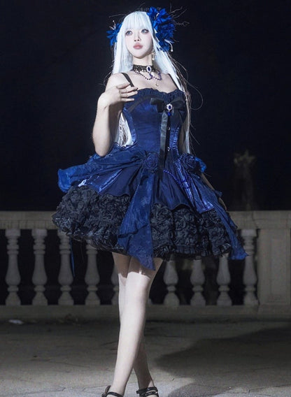 Dress Boned Bouquet Strapless Hem Black Gothic Rose Lolita with Blue