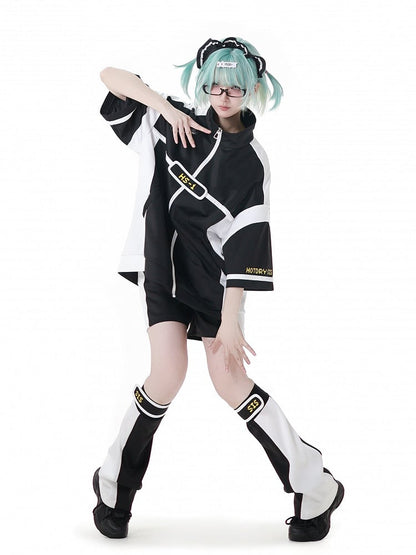 Elbow-Length Sleeves Jirai Kei Zip-up Sweatshirt White Landmine Style Black