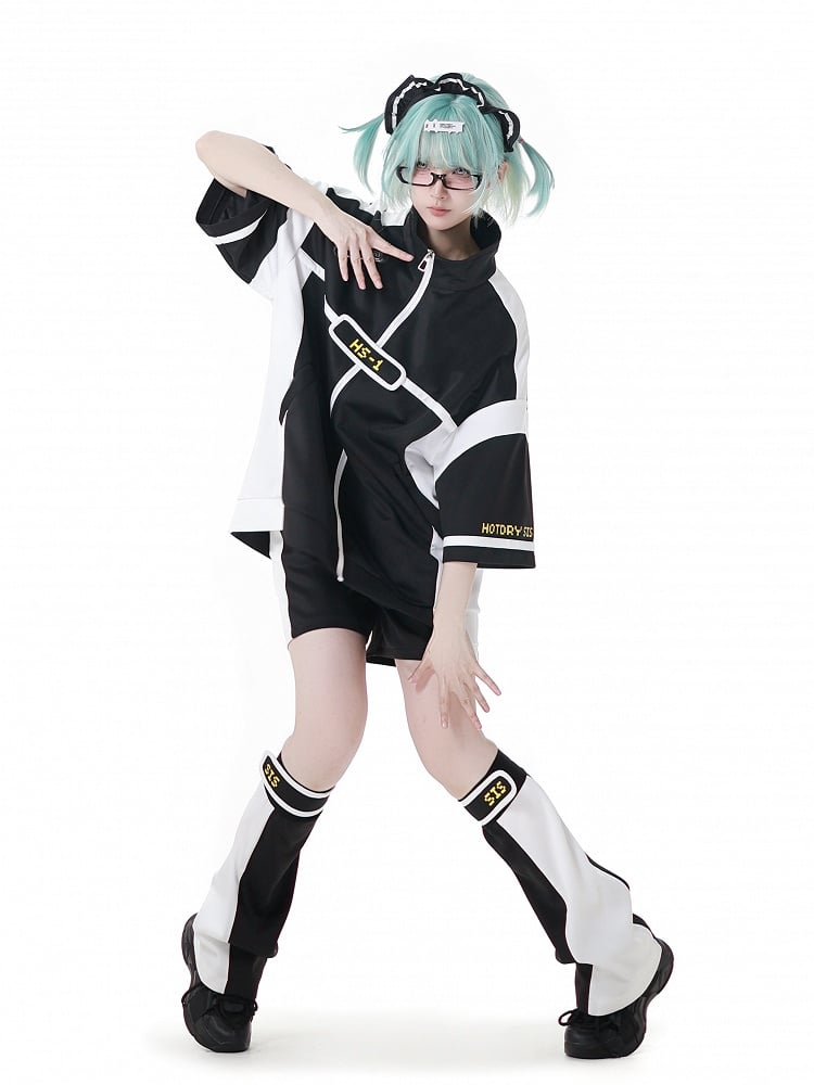 Weißes Colorblock-Design Jirai Kei Sportshorts Schwarz