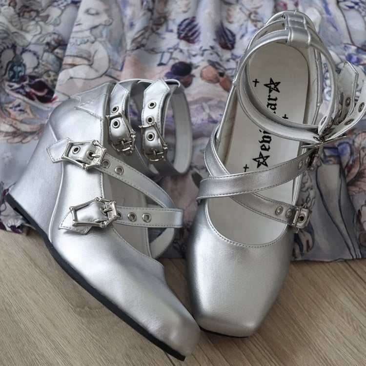 with Wedge Coffin-shaped Silver Design White Toe Gothic Crisscross Buckles Mary Square Janes