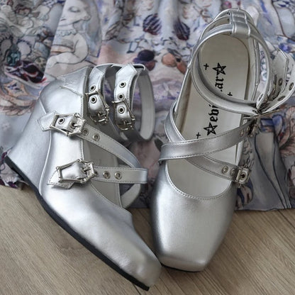with Wedge Coffin-shaped Silver Design White Toe Gothic Crisscross Buckles Mary Square Janes