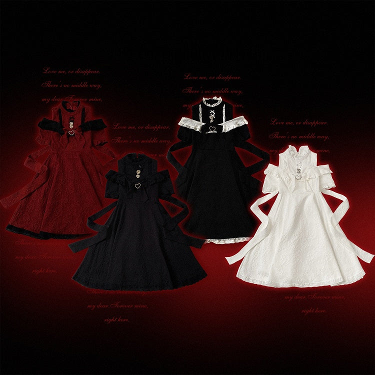 Cutout Shoulder Jacquard Dress with Ruffles, Bow Details, 4 Shades - Kitty Bxllet