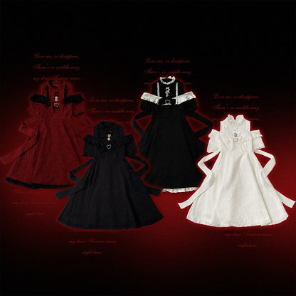Cutout Shoulder Jacquard Dress with Ruffles, Bow Details, 4 Shades - Kitty Bxllet