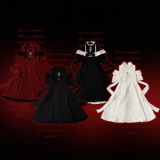 Cutout Shoulder Jacquard Dress with Ruffles, Bow Details, 4 Shades - Kitty Bxllet