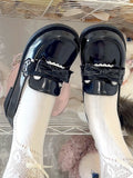 Preppy Style Black Low Heels with Bear Paw & Ear Accents