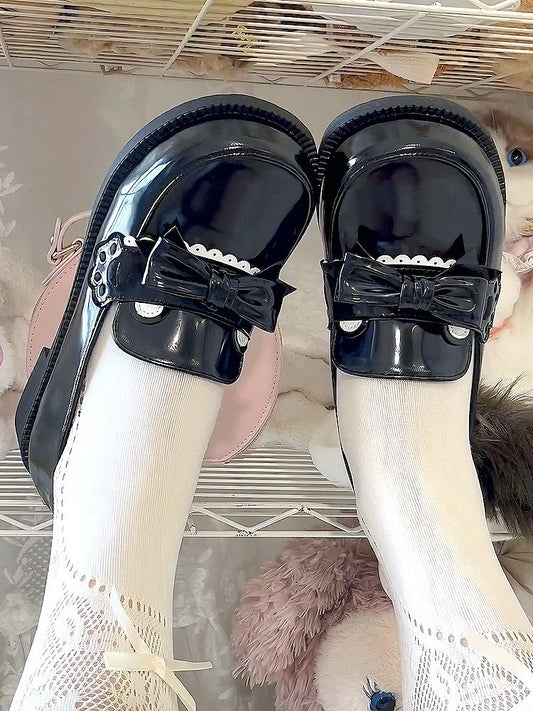 Preppy Style Black Low Heels with Bear Paw & Ear Accents