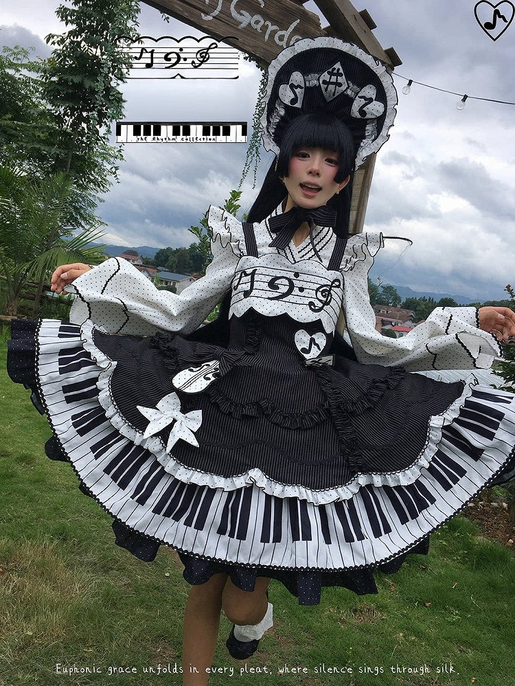Piano JSK Set with Shirt, Bonnet, Apron, and Bow Train - Alice in Wonderland Lolita