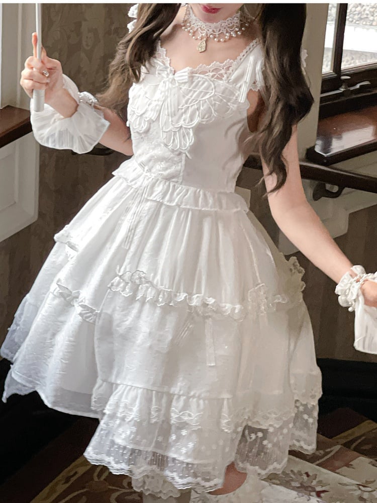 Lace Ruffled Trim Lolita JSK White Flutter Sleeves Butterfly Accent