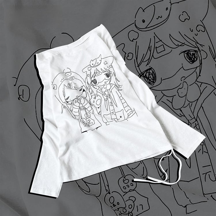 白いアニメガールプリントの長袖Tシャツ