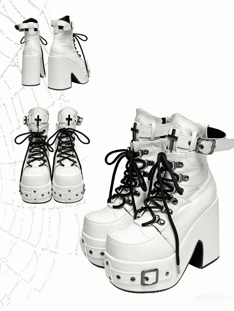 White Gothic Platform 12CM High Heel Boots with Buckle & Spiderweb Design - Transfer Student