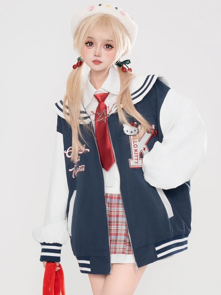 Grey/Navy Blue Kitty Embroidery Sailor Collar Spring Zip Jacket